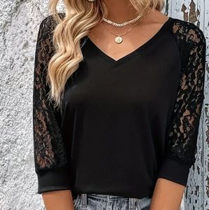 NEW Black solid black top with lace 3/4 sleeves